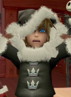 an animated character with blue eyes and white fur on her head, standing in front of a christmas tree