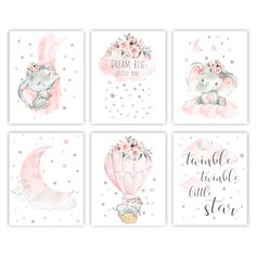 three elephant nursery wall art prints with pink and gray accents, one is saying we love you to the moon and back