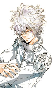 an anime character with white hair and black eyes, holding his arms out to the side