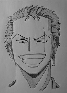 a drawing of a man with hair and piercings on his ears, smiling at the camera