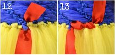 two pictures showing how to tie a ribbon around the top of a dress with an attached bow