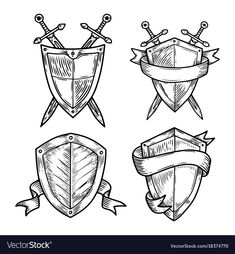 four shields with swords and banners