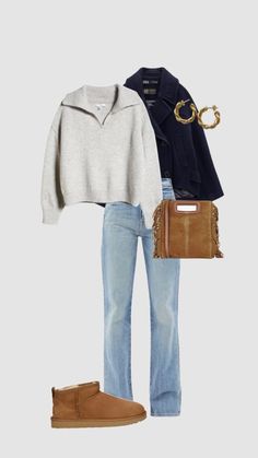 an outfit with boots, sweater and handbag