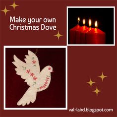 a christmas dove ornament with three lit candles in the background and an advertise that reads make your own christmas dove