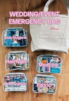 four clear travel bags with the words wedding / event emergency bag written in pink on them