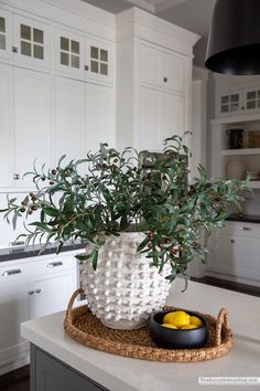 a white vase filled with fruit sitting on top of a counter next to a basket