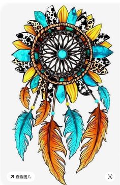 a drawing of a colorful dream catcher with feathers on the front and back side,