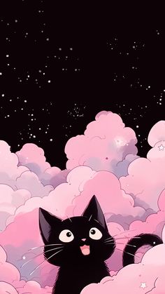 a black cat sitting on top of a cloud filled sky