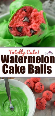 this is an image of watermelon cake balls with green icing and chocolate chips