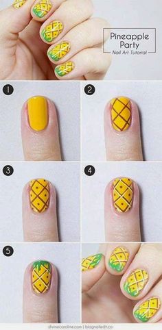 100 Step By Step Nails Tutorials | Nails Pineapple Nails, Kitty Nail, Fruit Nail Art, Nail Art Tutorials, Summer Nail Art, Summery Nails, Party Nails, Diy Nail Designs, Pencil Box