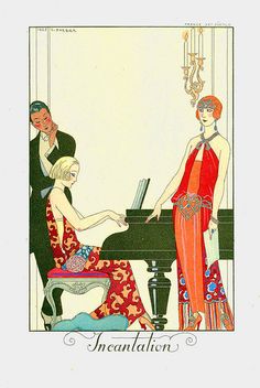 an image of a woman playing the piano with two men in red dresses and one man in black suit