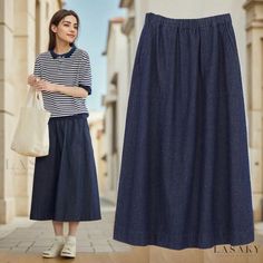 Lasaky - Stylish Denim Midi Skirt in Deep Blue for Casual and Leisure Wear Casual Indigo Summer Skirt, Casual Indigo Skirt For Summer, Casual Wide-leg Washed Blue Skirt, Casual Long Denim Skirt, Blue Non-stretch Denim Skirt With Pockets, Blue Denim Skirt With Pockets Relaxed Fit, Relaxed Fit Blue Denim Skirt With Pockets, Casual Indigo Denim Skirt For Spring, Casual Denim Blue Long Skirt