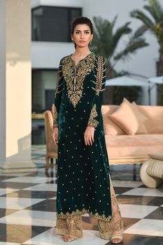 Buy Pakistani Party Dresses-Pakistani Velvet Long Shirt in Bottle Green Color-Pakistani Party Wear With Dabka, Nagh, Zari, Embroidery, Patch Work In USA, UK, Canada, Australia Visit Now : www.NameerabyFarooq.com or Call / Whatsapp : +1 732-910-5427 Velvet Long Shirt, Pakistani Party Wear Dresses, Velvet Dress Designs, Pakistani Party Wear, Velvet Clothes, Party Clothes, Amritsar, Pakistani Dress Design, Bottle Green