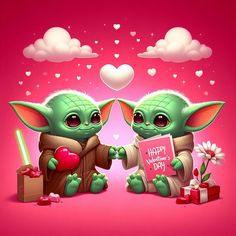 two baby yoda holding hands with a sign that says happy valentine's day