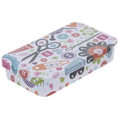 a small box with scissors and other things on it's lid, sitting in front of a white background