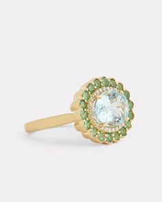 18K Yellow Gold Tsavorite and Diamond Edged Aquamarine Oval Ring, .14 TCWOrnament is 3/4 Inch x 1/2 Inch Style# YRSSOATW Elegant Green Multi-stone Topaz Ring, Green Multi-stone Topaz Ring For Formal Occasions, Formal Yellow Gold Tsavorite Rings, Formal Green Multi-stone Topaz Ring, Luxury Tsavorite Rings With Halo Setting, Oval Tsavorite Multi-stone Ring, Oval Multi-stone Tsavorite Rings, Green Diamond Topaz Ring, Green Topaz Ring With Diamond Accent