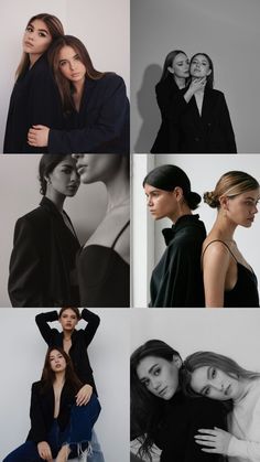 four different images of women in black and white, one with her arms around the other