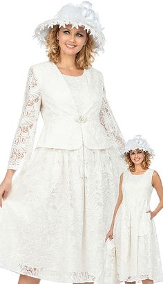 a mother and daughter dressed in white dresses with hats on their heads, posing for the camera