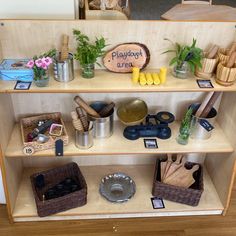 the shelves have various items on them for display