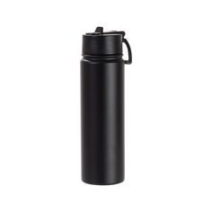 thermos bottle is black and has a handle for carrying water or other things