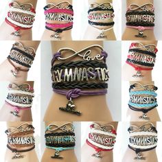 six different types of bracelets that say love gymnastics