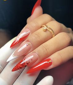 Red Stiletto Nails, Stiletto Nails Designs, Powder Nails, Gold Nails, Long Acrylic Nails, Acrylic Nail Designs