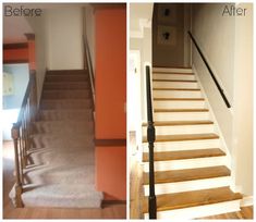 before and after shots of a staircase with carpet on the bottom, and in the middle