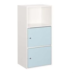 a white and blue bookcase with two drawers on each side, against a white background