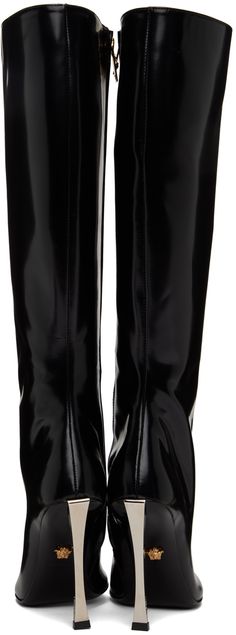 Knee-high polished calfskin boots in black. · Pointed toe · Zip closure at inner side · Buffed lambskin lining · Metal stiletto heel with rubber injection · Medusa hardware at calfskin outsole · Heel: H4 in Supplier color: Black Luxury Patent Leather Knee-high Boots With Pointed Toe, Luxury Patent Leather Knee-high Boots For Formal Occasions, Elegant Formal Boots With Glossy Finish, Elegant Glossy Finish Boots For Formal Occasions, Elegant Glossy Finish Formal Boots, Modern Patent Leather Knee-high Boots For Formal Occasions, Sleek Patent Leather Office Boots, Sleek Patent Leather Boots For Office, Luxury Patent Leather Heeled Boots With Square Toe