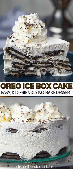 an oreo ice box cake is shown with the words easy, kid friendly no - bake dessert