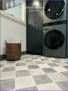 Farmhouse Stone Danube Blue and Avalon Beige 8x8” limestone tiles making a great addition to this laundry room!\n\n\n#houston #austin #limestone #checkerboard #laundryroomdesign #interiordesignideas #flooring Limestone Laundry Floor, Laundry Room Floor Tile Ideas, Mud Room Tile Floor, Room Tiles Floor, Room Floor Tiles, Laundry Floor, Limestone Tiles, Laundry Room Flooring, Farmhouse Area Rugs