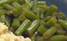 green beans and rice in a blue bowl