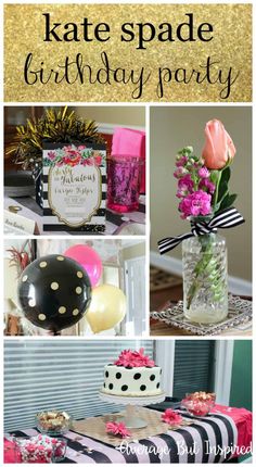 a birthday party with pink and black decorations, cake, balloons and flowers in vases