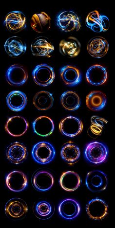 an array of different colored circles on a black background