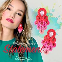 New Statement "Leah" Handmade Soutache Drop Earrings, Rhinestones, Beads, And Soutache Cords :) Earrings Color, Bead Work, Pink Ladies, Jewelry Earrings, Size 2, Women Jewelry, Drop Earrings, Beads, Pink