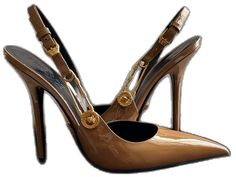 Luxury Patent Leather Slingback Pumps, Designer Gold Slingback Pumps For Formal Occasions, Luxury Slingback Pumps With Heel Strap, Versace Safety Pin, Versace Pumps, Versace Heels, Black High Heel Sandals, Versace Blue, Platform Pumps Heels