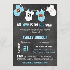 Chalkboard Sports Theme Baby Shower Invitations Dinosaur Baby Shower Invitations, Matching Stickers, Star Baby Shower Invitations, Boys Football, Custom Baby Shower Invitations, Boho Baby Shower Invitations