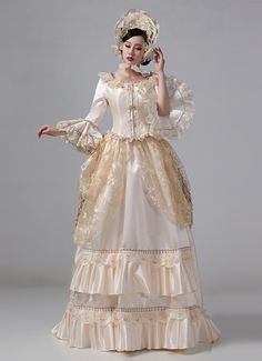 Champagne Victorian Bustle Reenactment Costumes Carnival Masquerade Party Dresses Carnival Masquerade, Dress Hat