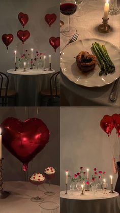 the table is decorated with heart shaped balloons and candles for valentine's day dinner