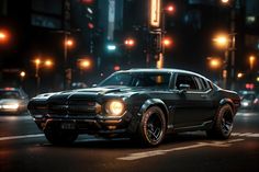 an old muscle car driving down the street at night