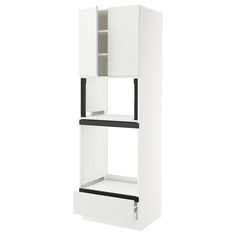 a tall white cabinet with two shelves on the bottom and one door open to reveal an empty shelf