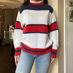 "90s Vintage Red, White & Blue Knit Mockneck Sweater by Honors, tagged a size M. Best fits true to size, could fit M-L. Check measurements to ensure desired fit. Made in Hong Kong. There is a light mark shown in the last slide. Shown on an XS, 5'3\". Measurements: Pit to Pit: 19.75\" Waist: 18.75\" Length: 24.25\" Sleeve Length: 22.5\"" Retro Winter Tops With Ribbed Collar, Retro Tops With Ribbed Collar For Winter, 90s Red Winter Sweater, Red 90s Style Winter Sweater, 80's Clothes, Mockneck Sweater, 80s Outfit, Mock Neck Sweater, 90s Vintage