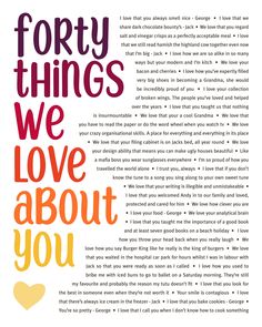 a poster with the words forty things we love about you