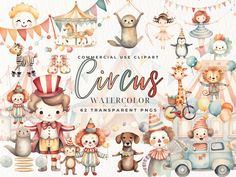 circus watercolor clipart set with animals, clowns and other things in the background