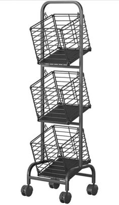 a three tiered metal basket cart with four baskets on the bottom and two wheels