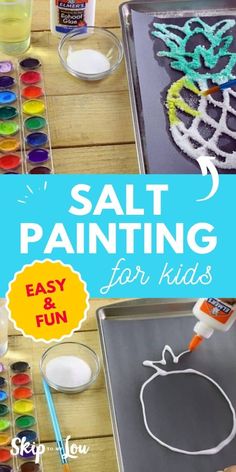 Salt Painting is a creative way to have kids make a two-dimensional work of art. Create these vibrant painting with simple items you probably already have at home. Kids will love the glittery texture salt paint creates. #kidscrafts #crafts #painting Salt Painting For Kids, Salt Painting, Homeschool Crafts, Art Activities For Kids, Fun Activities For Kids, Craft Activities For Kids