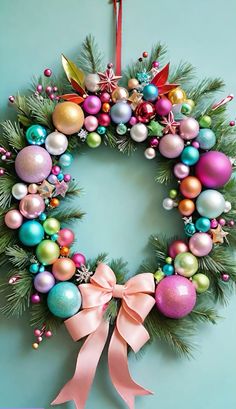 a christmas wreath hanging on the wall with ornaments around it and pink ribbon tied to it