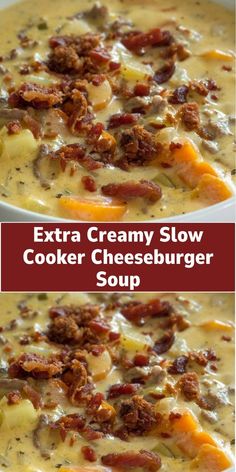 two pictures of soup with meat and cheese in the middle, one has bacon on top