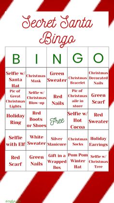 a red and white striped christmas party game with the words secret santa bingo on it