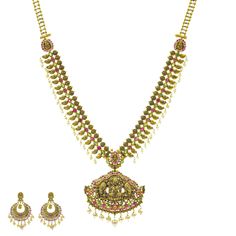 An image of the Antique Laxmi 22K gold necklace set from Virani Jewelers. 22k Gold Necklace Set, Gold Necklace Sets, 22k Gold Necklace, 22k Gold Jewelry, Online Gold Jewellery, Gold Bead Necklace, Necklace Sets, Gold Necklace Set, Pearl Design